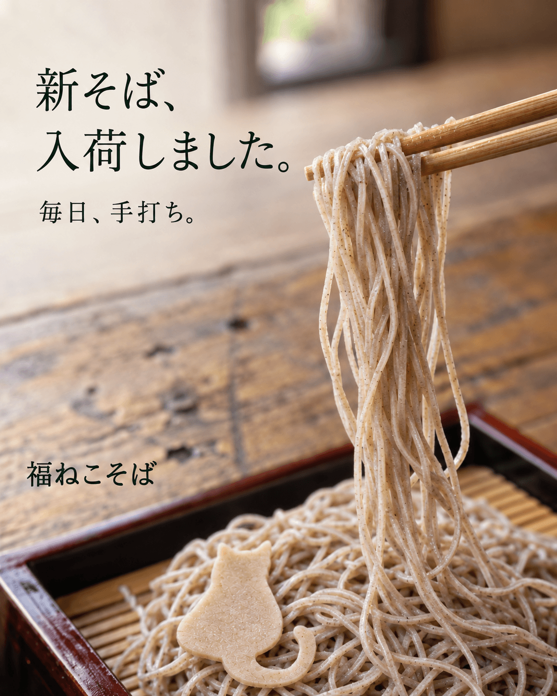 Japanese announcement: fresh-harvest soba has arrived, handmade daily